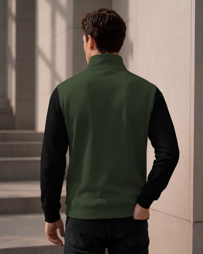 Colorblocked Quarter Zip Neck Full Sleeve Sweatshirt Olivegreen