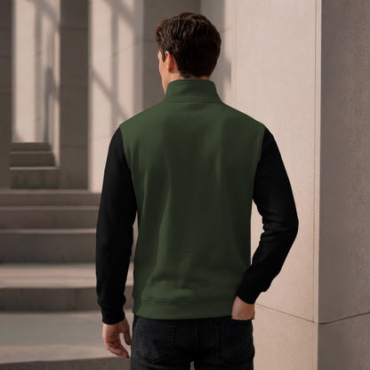 Colorblocked Quarter Zip Neck Full Sleeve Sweatshirt Olivegreen