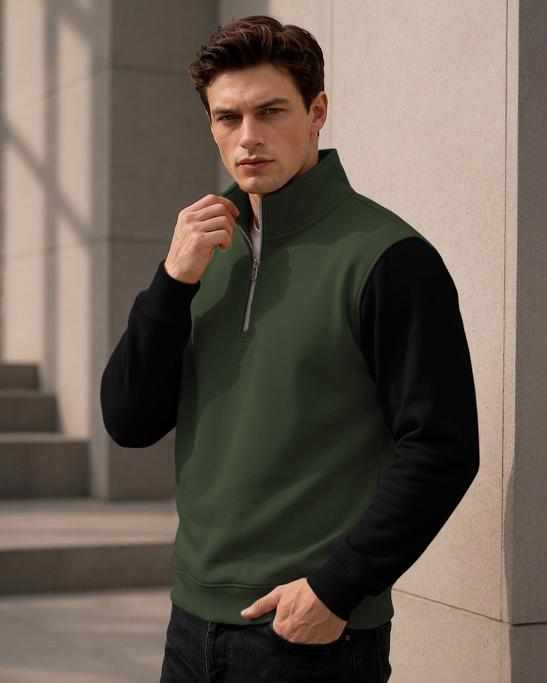 Colorblocked Quarter Zip Neck Full Sleeve Sweatshirt Olivegreen