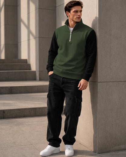 Colorblocked Quarter Zip Neck Full Sleeve Sweatshirt Olivegreen