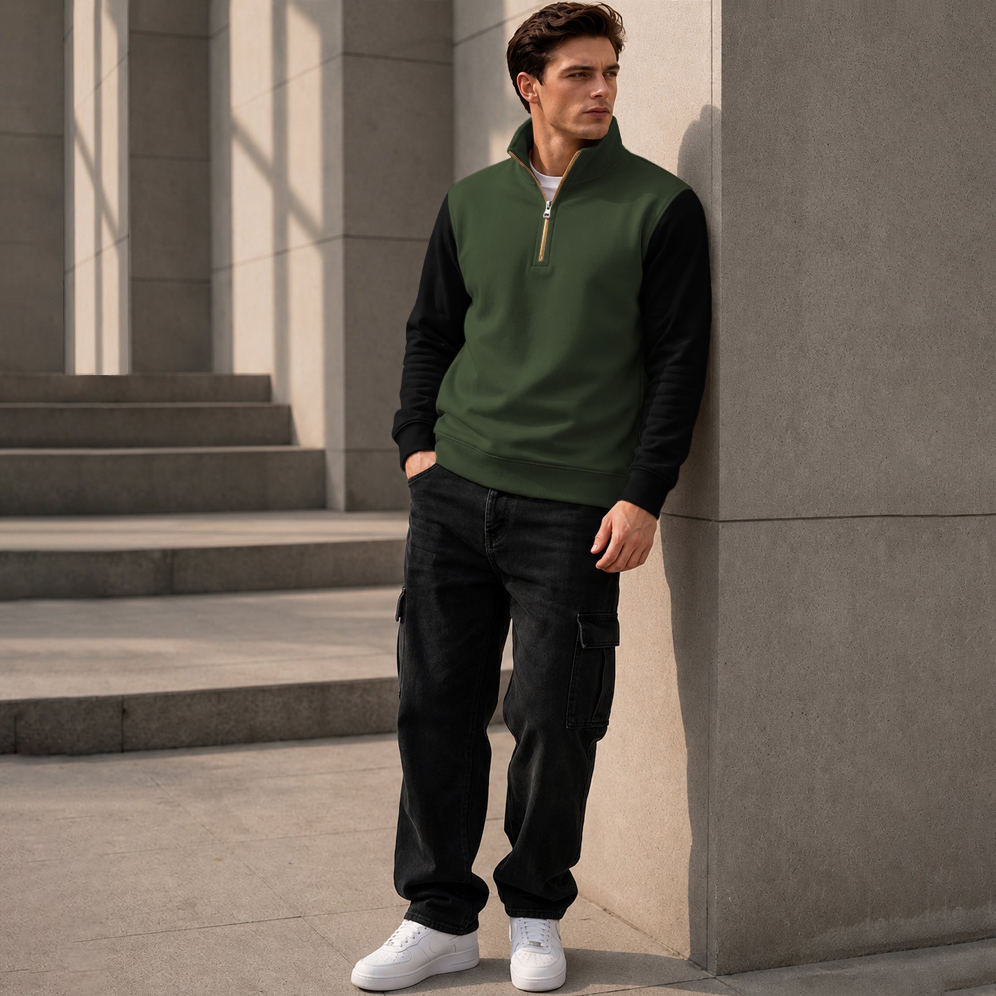 Colorblocked Quarter Zip Neck Full Sleeve Sweatshirt Olivegreen