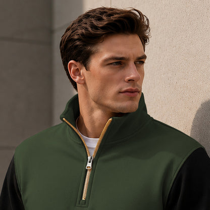 Colorblocked Quarter Zip Neck Full Sleeve Sweatshirt Olivegreen
