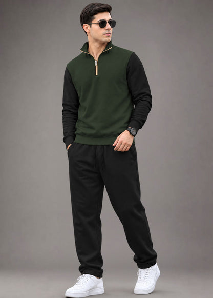 Outfit Set Men Coloblock Sweatshirt & Loose Fit Plain Trackpant