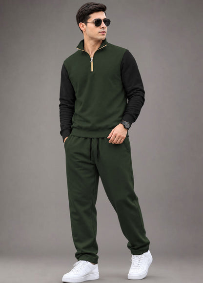 Outfit Set Men Coloblock Sweatshirt & Loose Fit Plain Trackpant