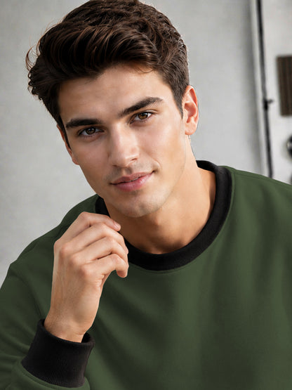 Mens Colorblocked Full Sleeve Round Neck Winter Sweatshirt Olive Green