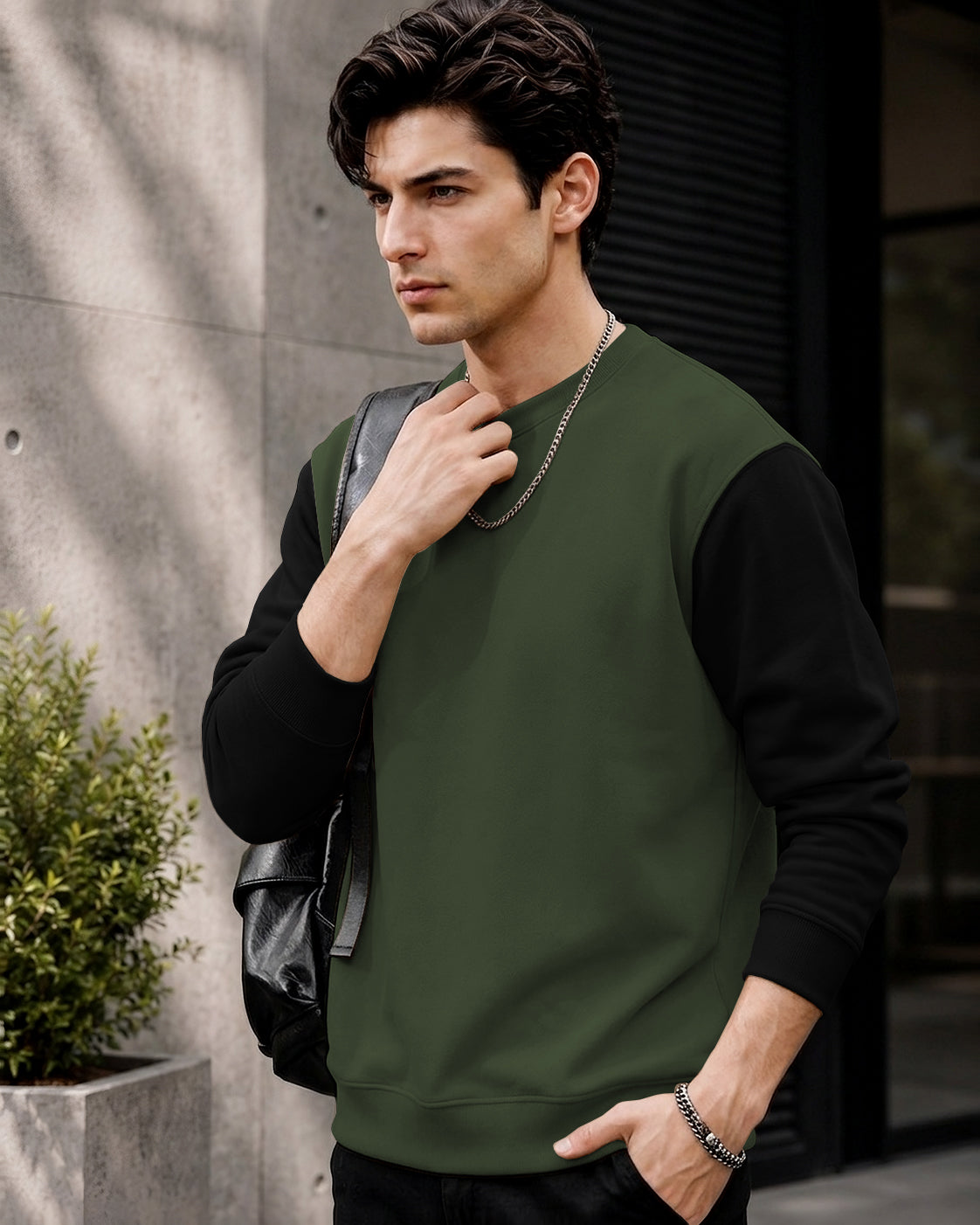 Mens Contrast Sleeve Round Neck Sweatshirt Olivegreen