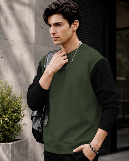 Mens Contrast Sleeve Round Neck Sweatshirt Olivegreen
