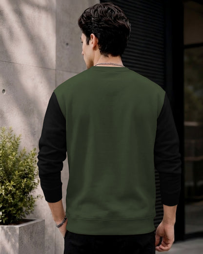 Mens Contrast Sleeve Round Neck Sweatshirt Olivegreen