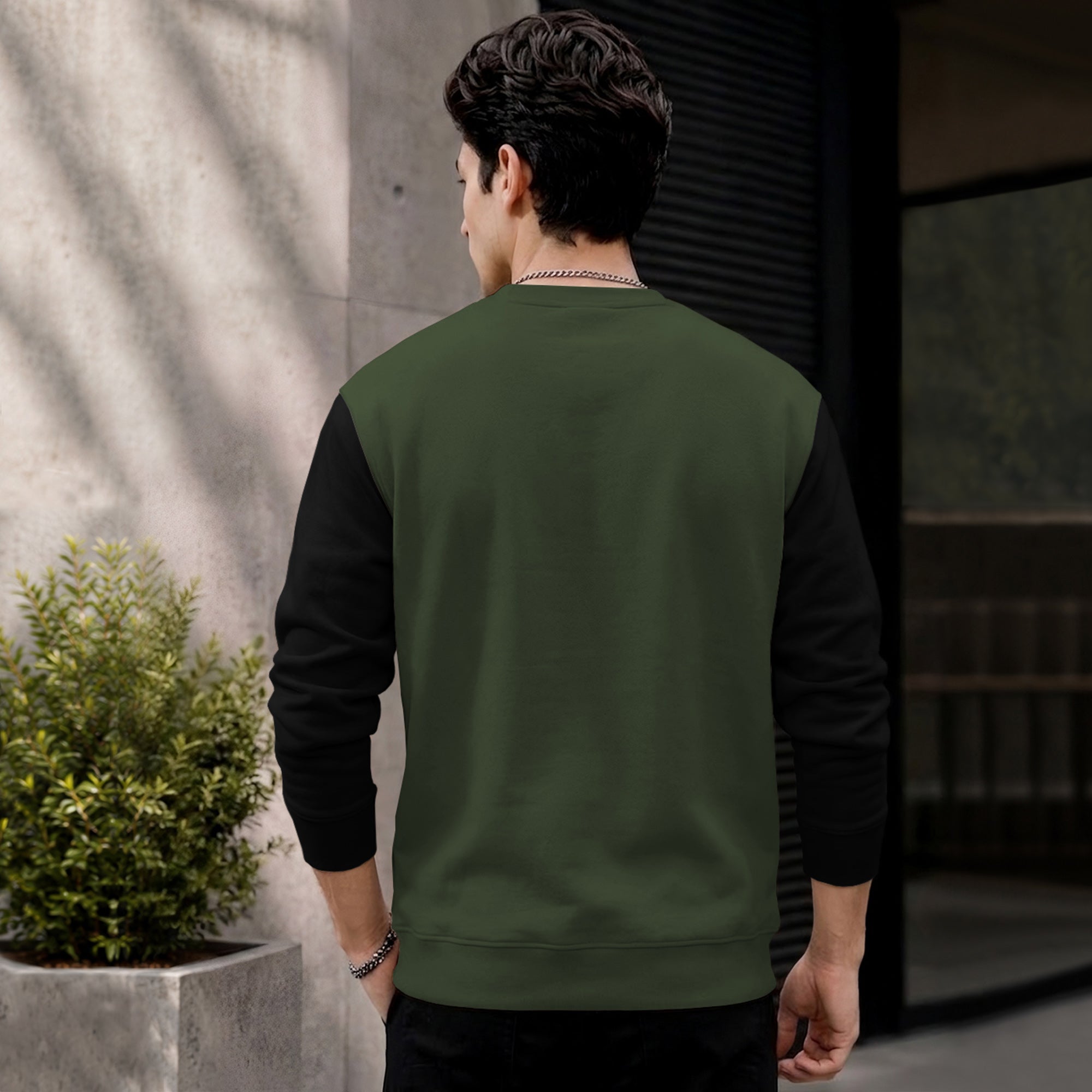 Mens Contrast Sleeve Round Neck Sweatshirt Olivegreen