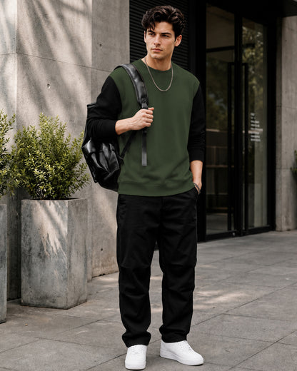 Mens Contrast Sleeve Round Neck Sweatshirt Olivegreen