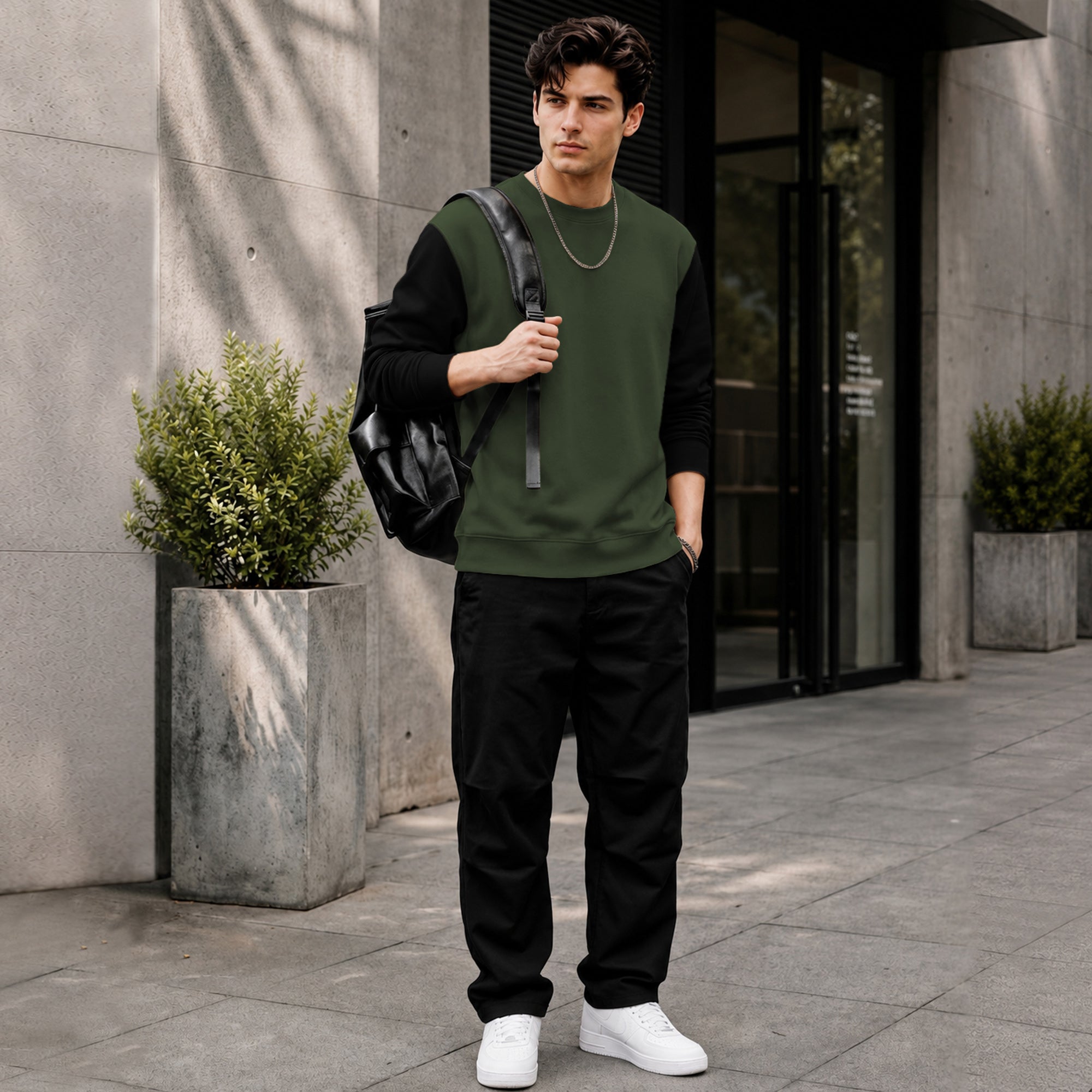 Mens Contrast Sleeve Round Neck Sweatshirt Olivegreen