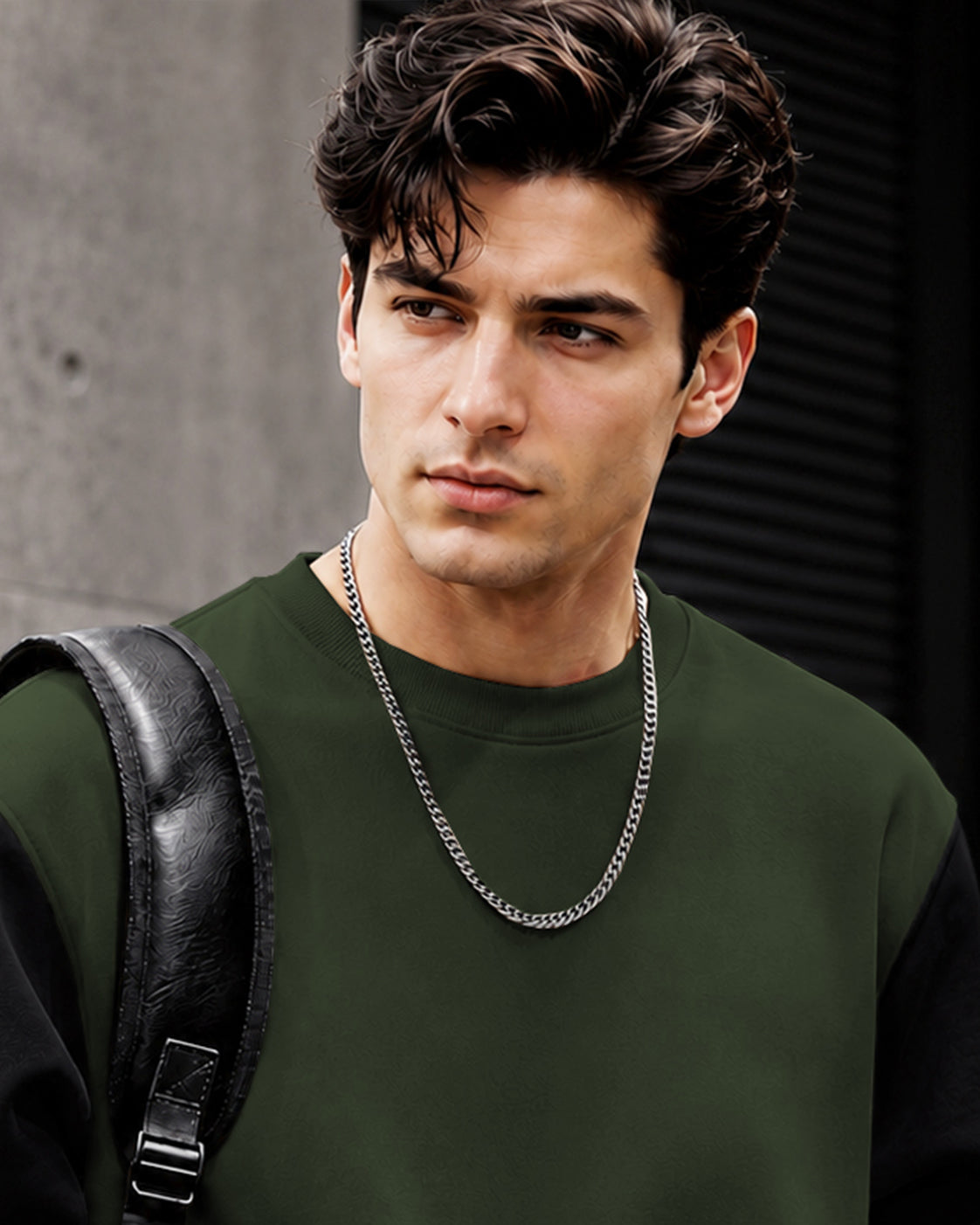 Mens Contrast Sleeve Round Neck Sweatshirt Olivegreen