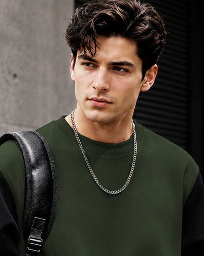 Mens Contrast Sleeve Round Neck Sweatshirt Olivegreen
