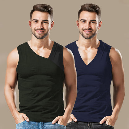 (Pack Of 2) Men Printed Top Tank Olivegreen & Navyblue