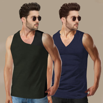 (Pack Of 2) Men Printed Top Tank Olivegreen & Navyblue