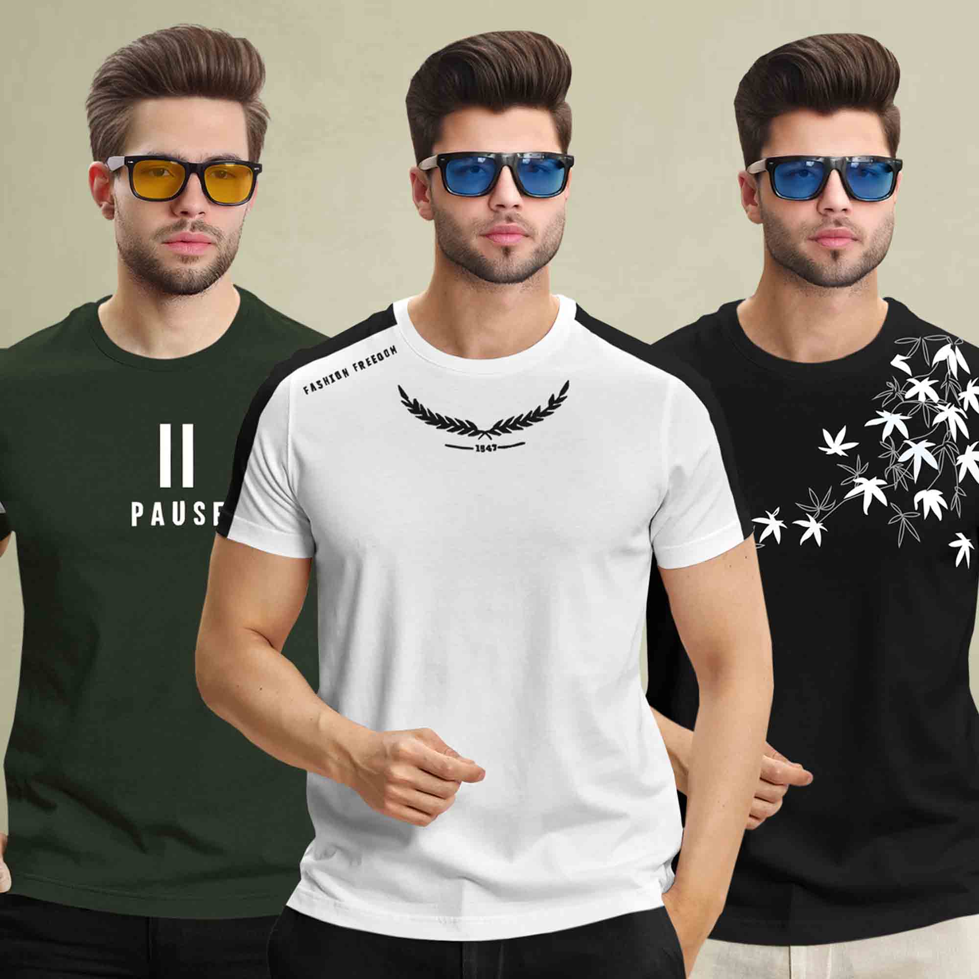 (Pack Of 3) Printed Half Sleeve Tshirts- 12 Variants