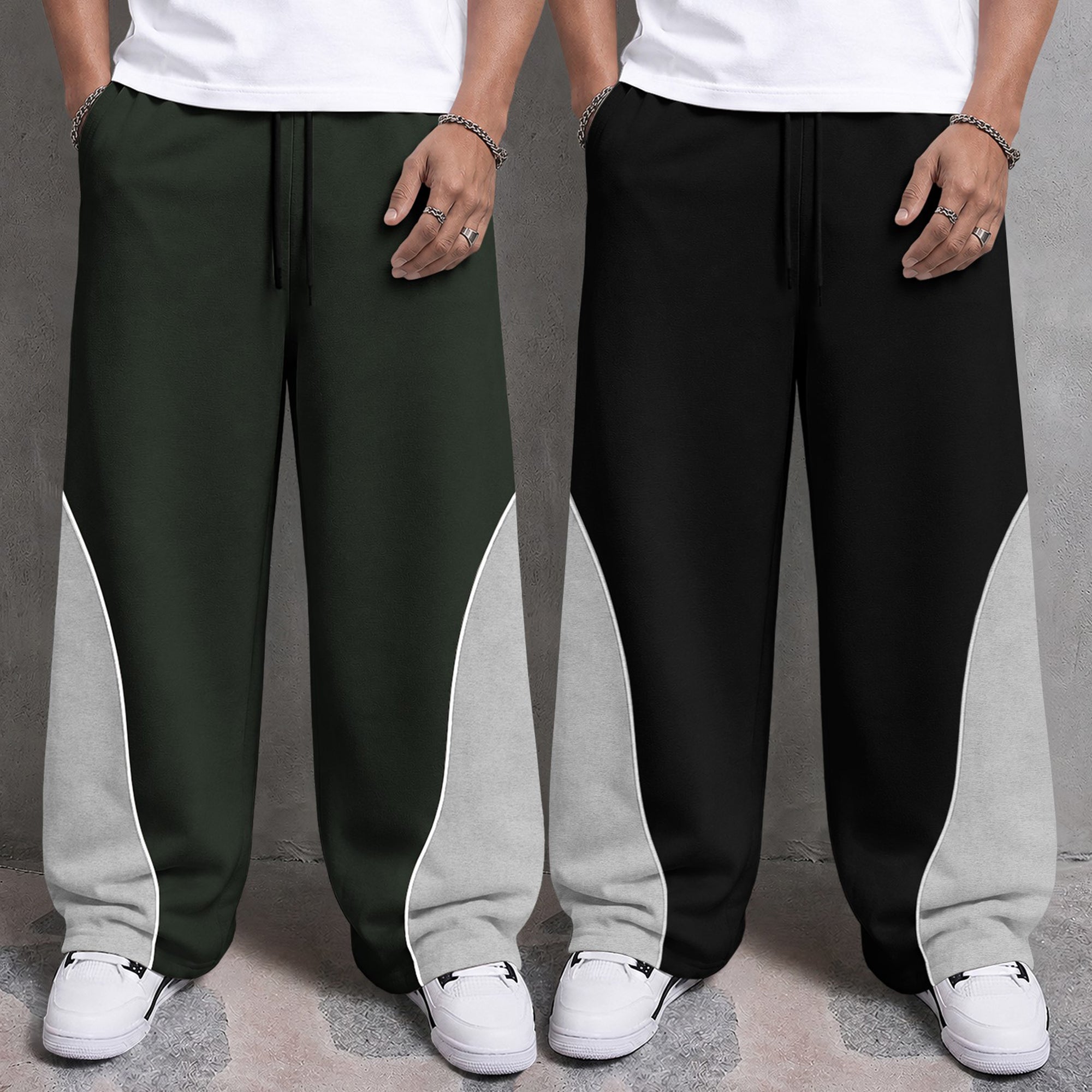 Mens Printed and Solid Baggy Track Pants Combo – Pack of 2