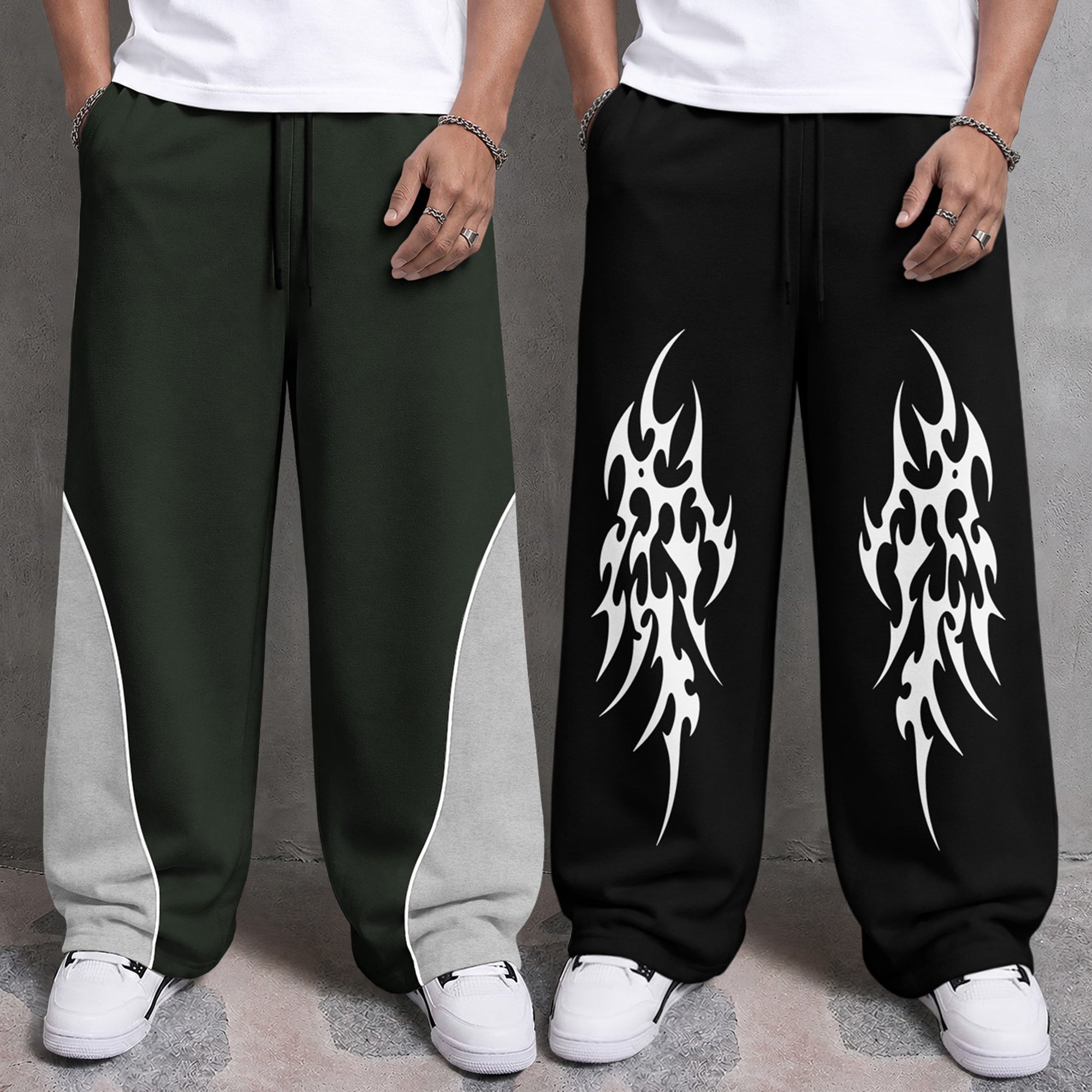 Mens Printed and Solid Baggy Track Pants Combo – Pack of 2