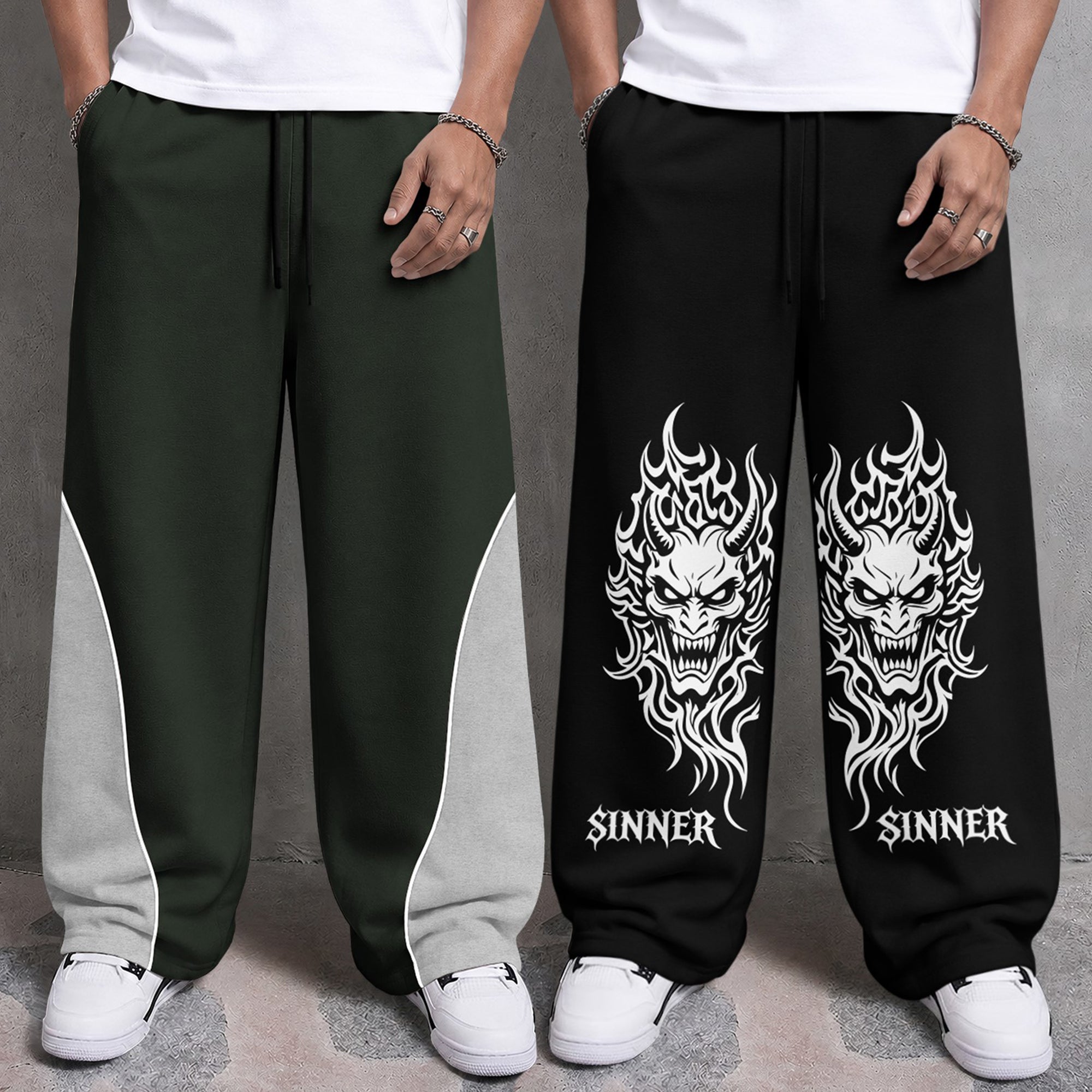Mens Printed and Solid Baggy Track Pants Combo – Pack of 2
