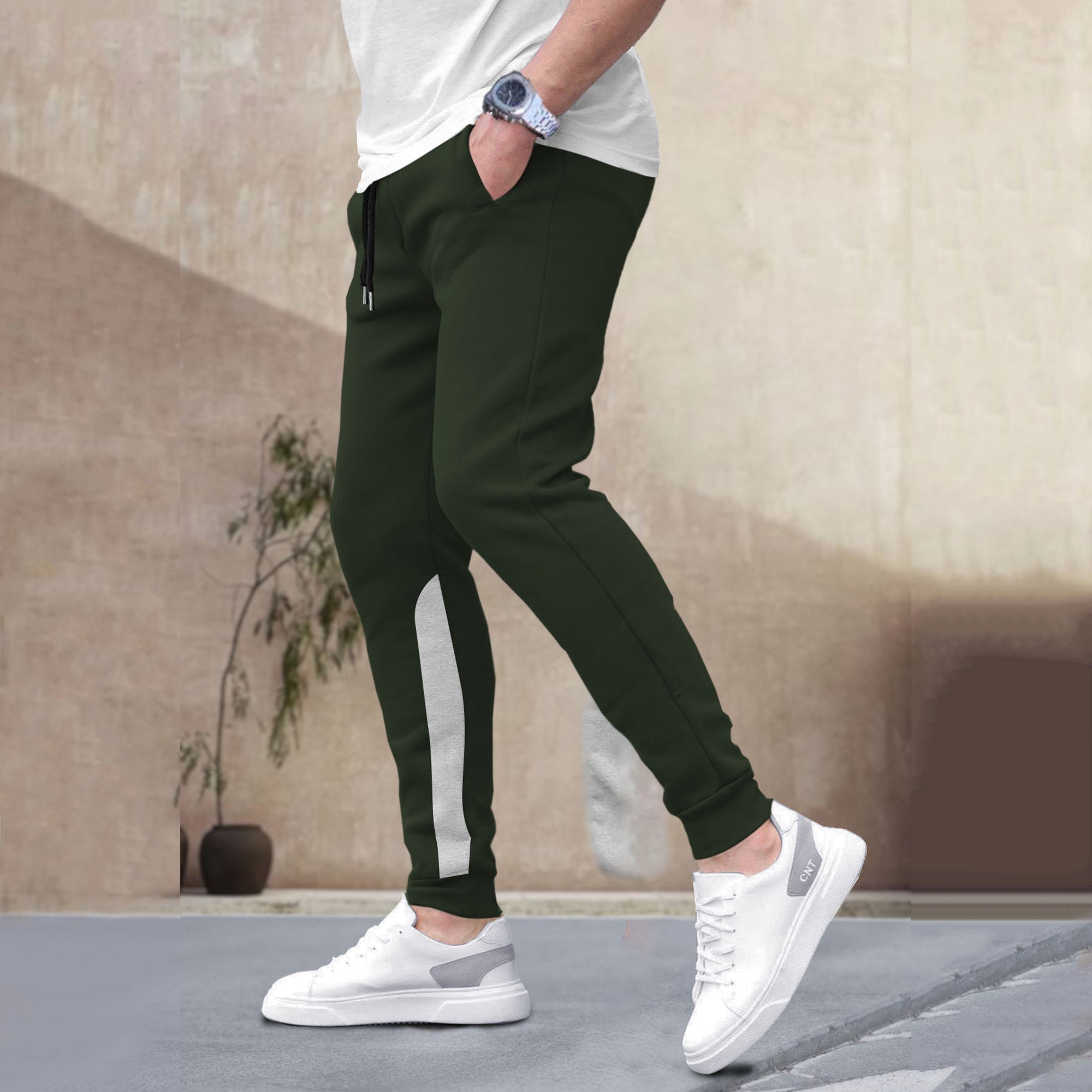 Men Plain Ankle Fit Cuffed Olive Green Jogger