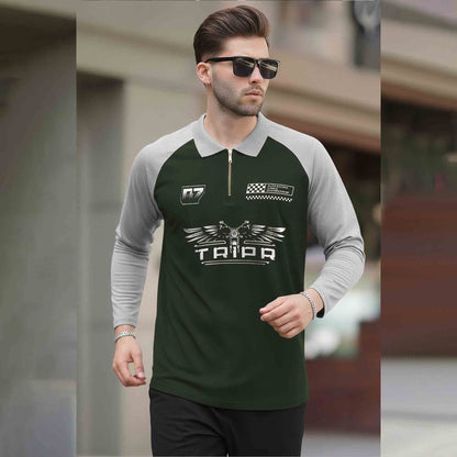 Men Colorblock Quarter Zip Polo Neck Full Sleeve T-shirt Olive & Grey