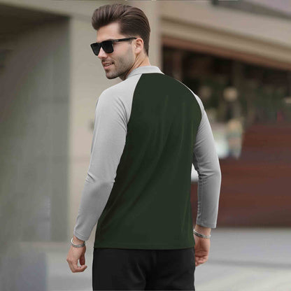 Men Colorblock Quarter Zip Polo Neck Full Sleeve T-shirt Olive & Grey