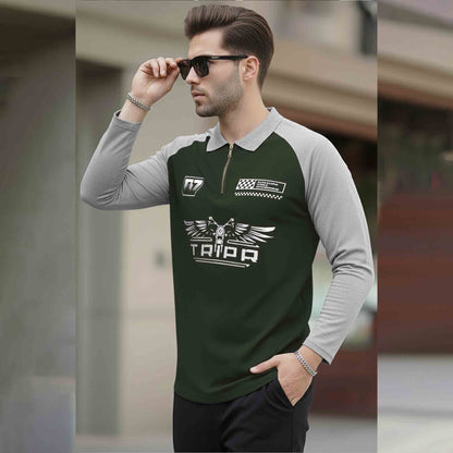 Men Colorblock Quarter Zip Polo Neck Full Sleeve T-shirt Olive & Grey