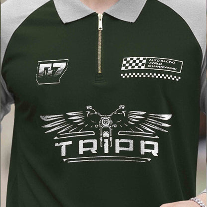 Men Colorblock Quarter Zip Polo Neck Full Sleeve T-shirt Olive & Grey