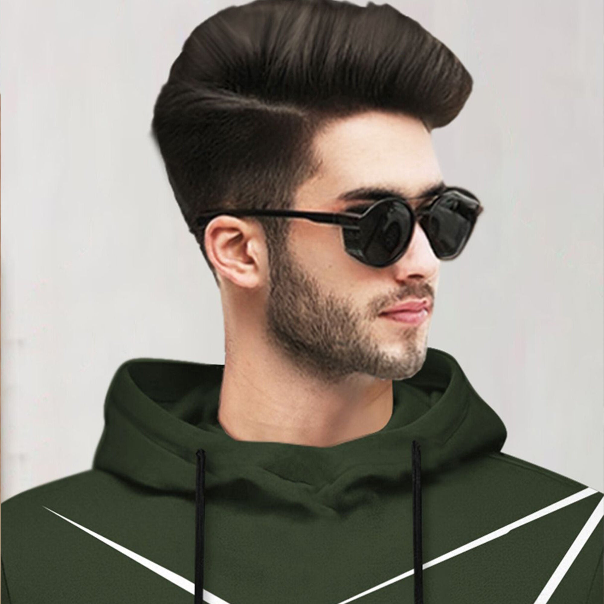 Men Full Sleeve Zig Zag Printed Hooded T-shirt / Olivgreen