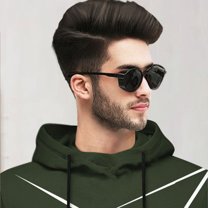 Men Full Sleeve Zig Zag Printed Hooded T-shirt / Olivgreen