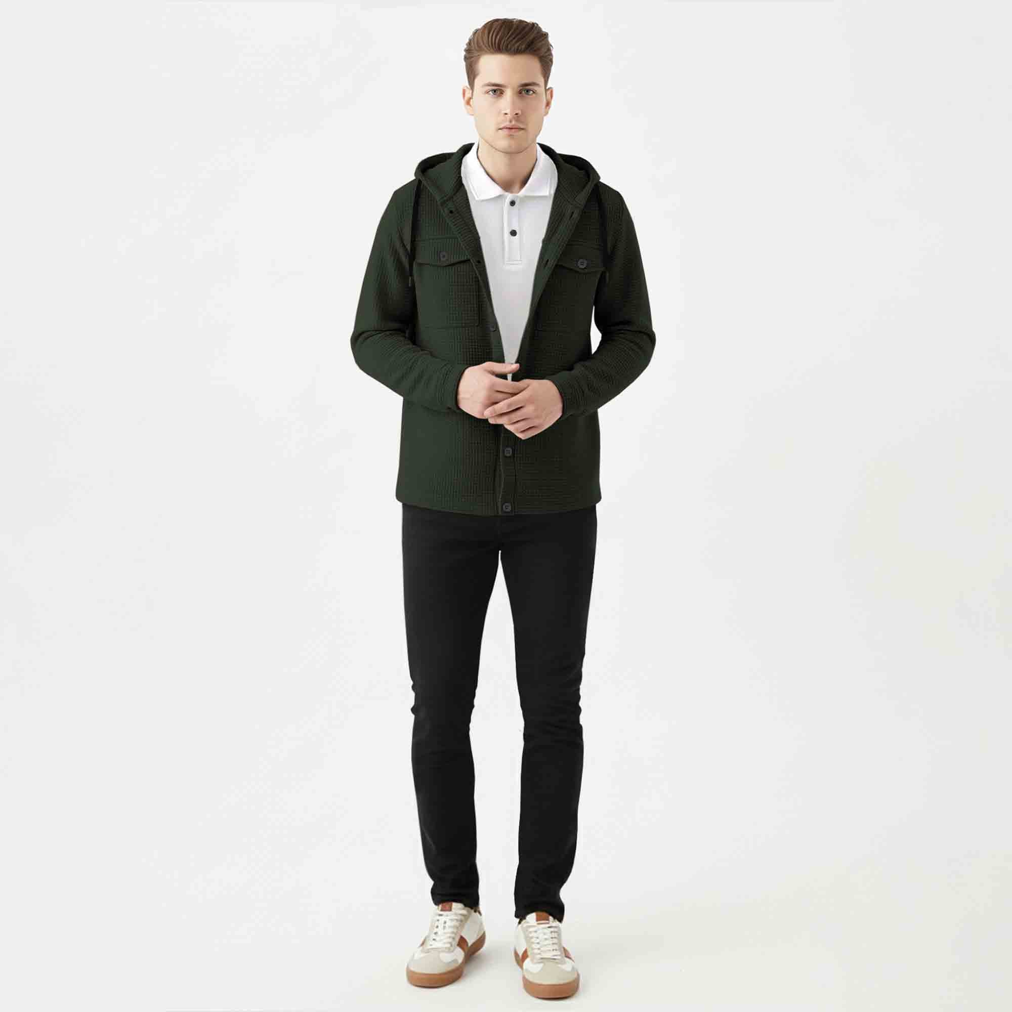 Men Smart Casual Double Pocket Full Sleeve Hooded Olive Textured Shirt