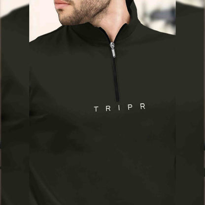 Men Olivegreen Short Sleeve Zip Neck plain T-Shirt