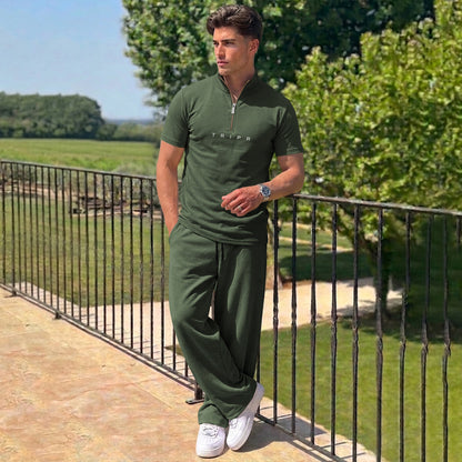 Men Tracksuit High Neck Tshirts Loose Fit Plain Trackpants