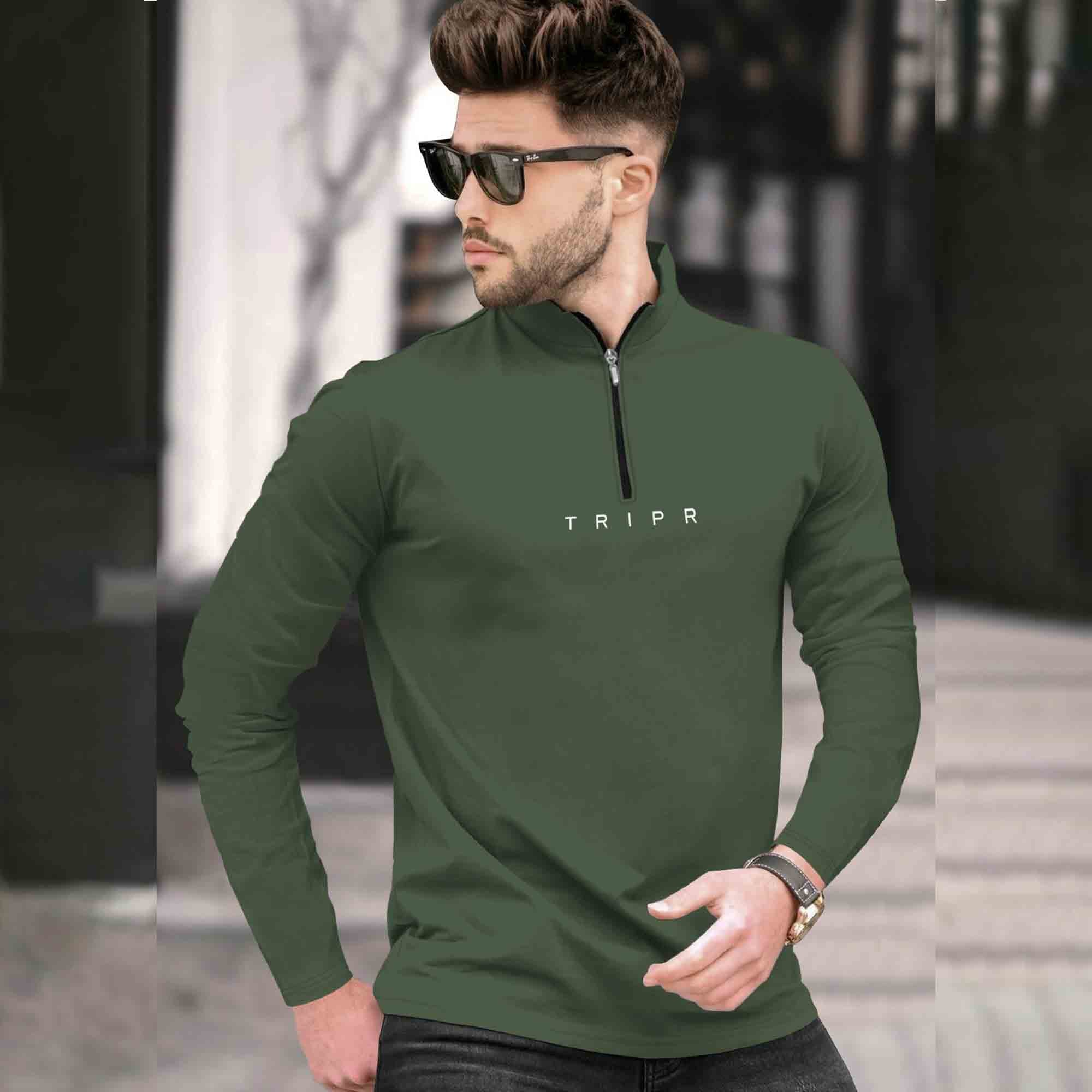 Men High Neck Zipper Olive Green Full Sleeve T-Shirt