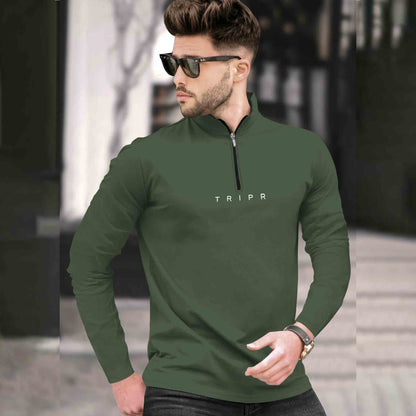 Men High Neck Zipper Olive Green Full Sleeve T-Shirt