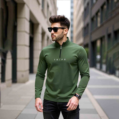 Men High Neck Zipper Olive Green Full Sleeve T-Shirt