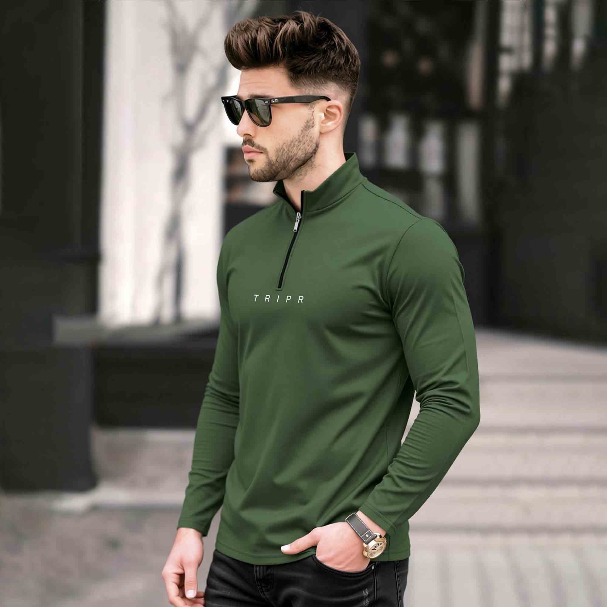 Men High Neck Zipper Olive Green Full Sleeve T-Shirt