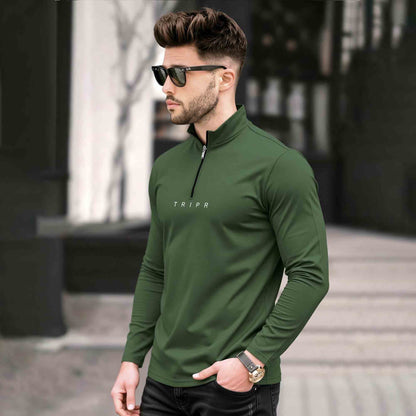 Men High Neck Zipper Olive Green Full Sleeve T-Shirt