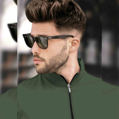 Men High Neck Zipper Olive Green Full Sleeve T-Shirt