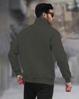 Men Plain Zipper High Neck Casual Sweatshirt / Olivegreen