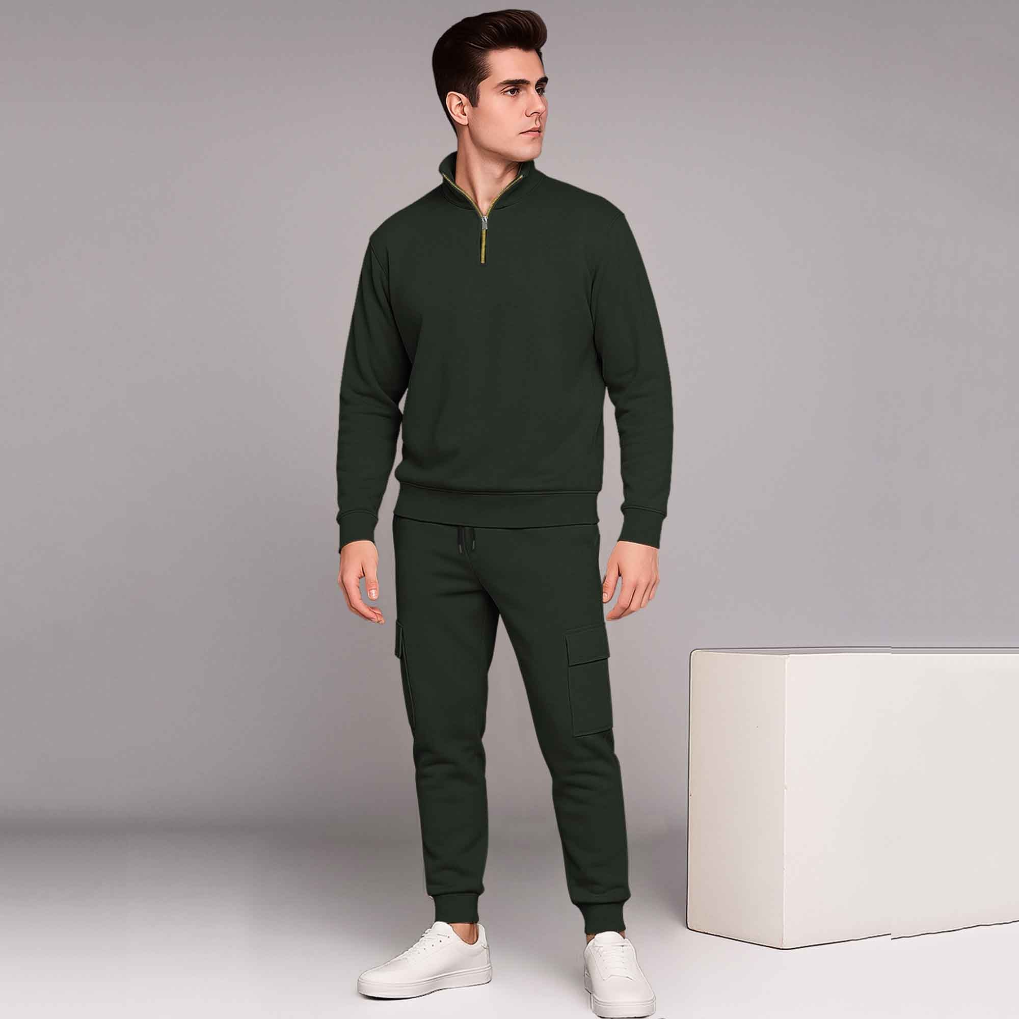 Olive Green High Neck Sweatshirt and Cargo Jogger Tracksuit