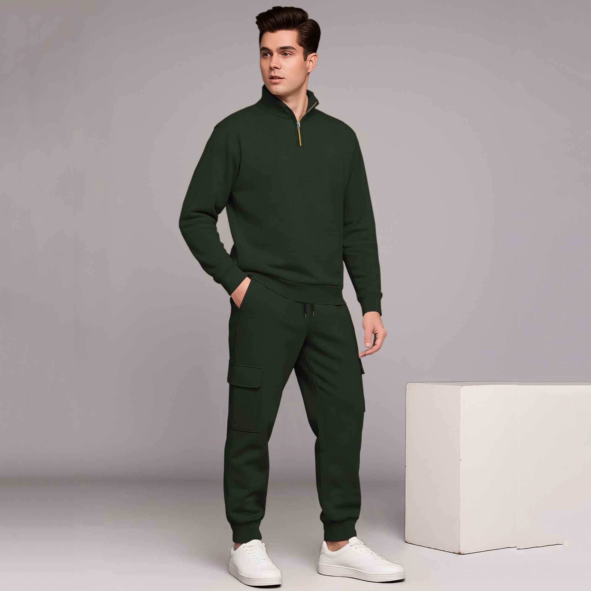 Olive Green High Neck Sweatshirt and Cargo Jogger Tracksuit