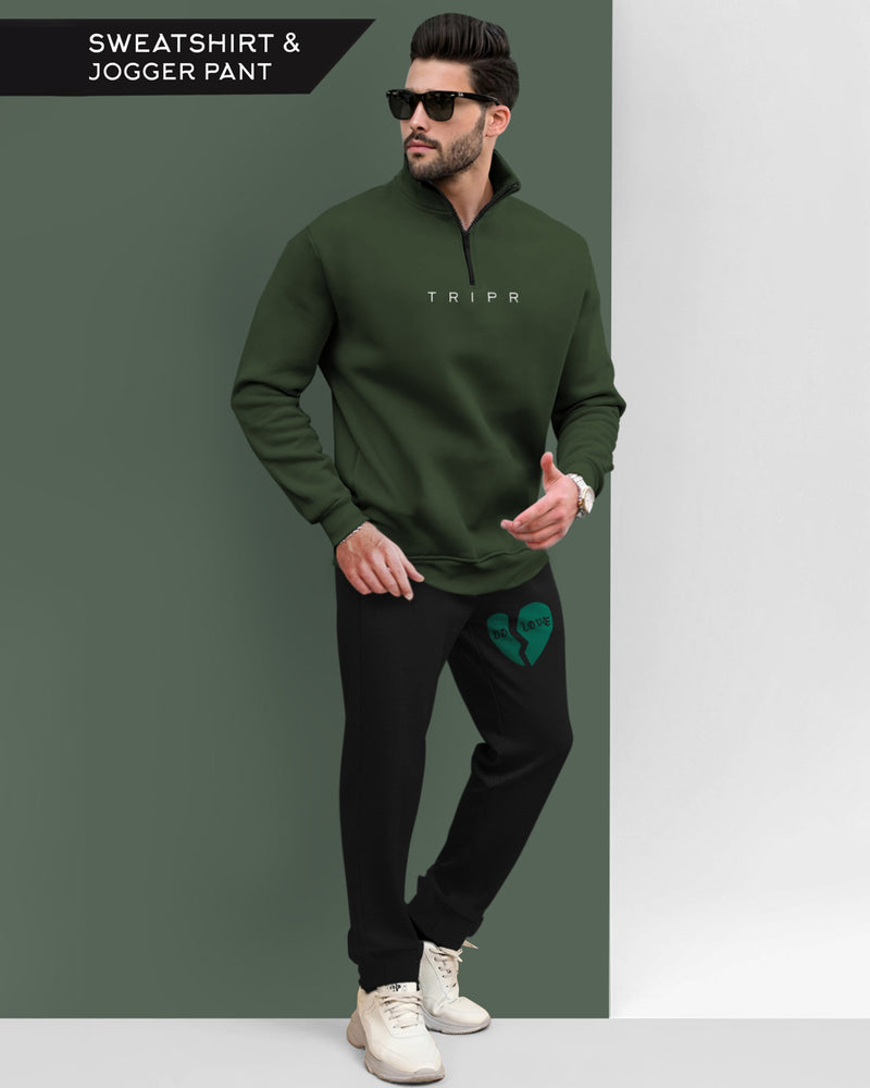 Men Winter Tracksuit - Olive Green Sweatshirt & Black Track Pant