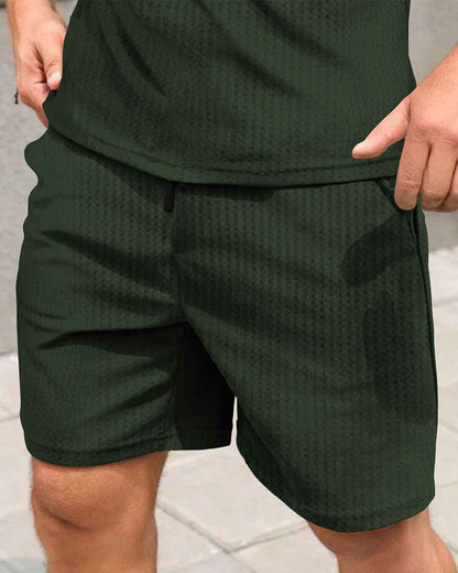 Tracksuit For Men Waffle Polo T-shirt Plain Olivegreen with Plain Waffle Olivegreen Shorts
