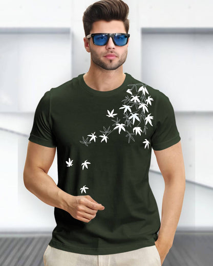 Feather Printed Half Sleeve Olive Green Round Neck Mens T-shirt