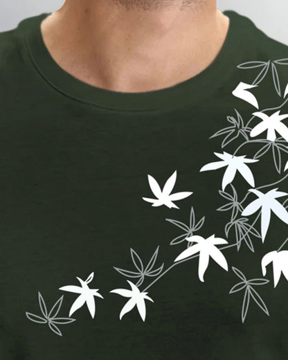 Feather Printed Half Sleeve Olive Green Round Neck Mens T-shirt