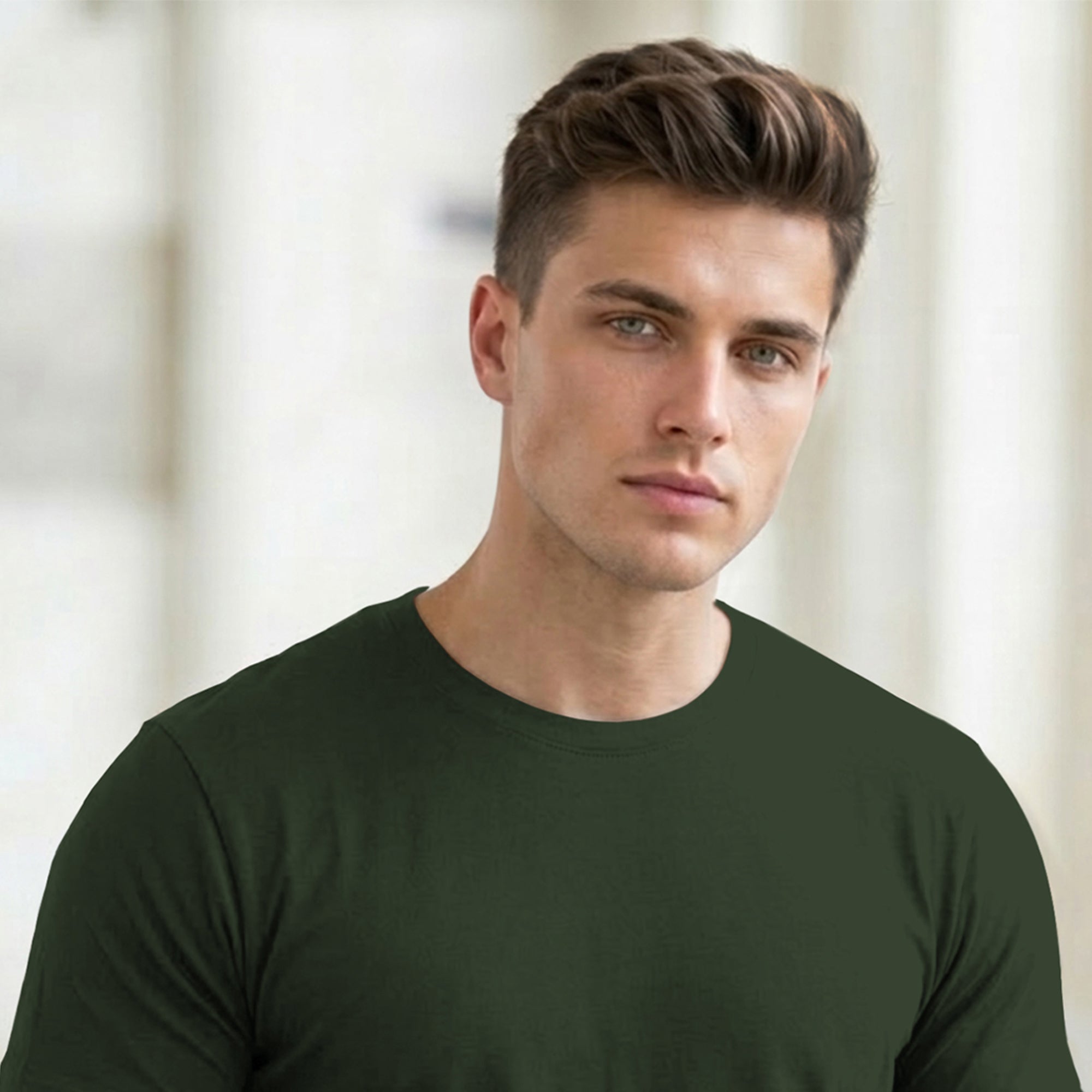 (Pack Of 1) Men Half Sleeve Round Neck Plain Olive Green T-shirt