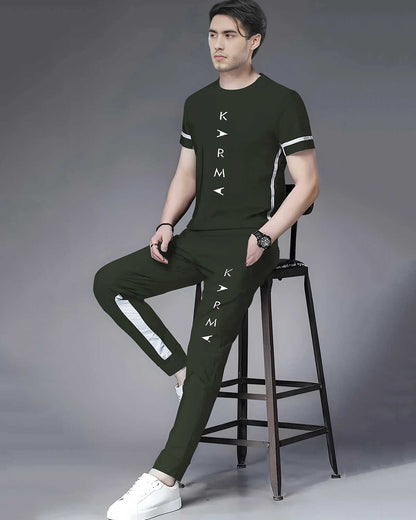Tracksuit For Men Olive Printed Half T-shirt & Olive Printed Trackpant