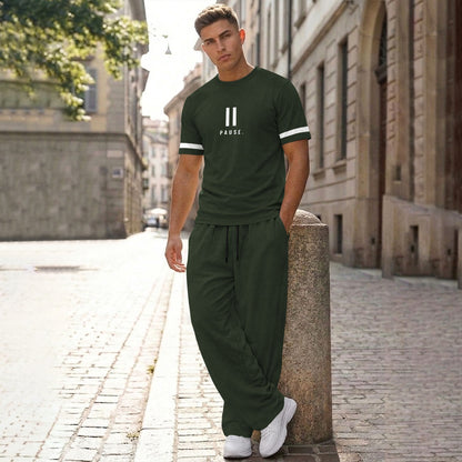 Men Tracksuit Round Neck Printed Tshirts Loose Fit Plain Trackpants