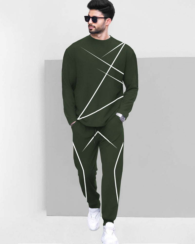 Mens Tracksuit - Round Neck Full Sleeve Olivegreen T-shirt / Olivegreen Trackpant